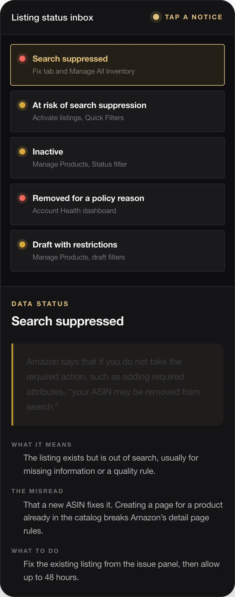 DATA STATUS Search suppressed Amazon says that if you do not take the required action, such as adding required attributes, “your ASIN may be removed from search.” WHAT IT MEANS The listing exists but is out of search, usually for missing information or a quality rule. THE MISREAD That a new ASIN fixes it. Creating a page for a product already in the catalog breaks Amazon’s detail page rules. WHAT TO DO Fix the existi