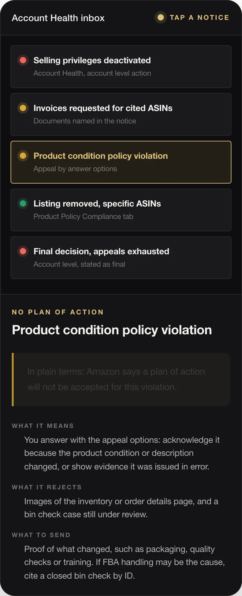 NO PLAN OF ACTION Product condition policy violation In plain terms: Amazon says a plan of action will not be accepted for this violation. WHAT IT MEANS You answer with the appeal options: acknowledge it because the product condition or description changed, or show evidence it was issued in error. WHAT IT REJECTS Images of the inventory or order details page, and a bin check case still under review. WHAT TO SEND Proo