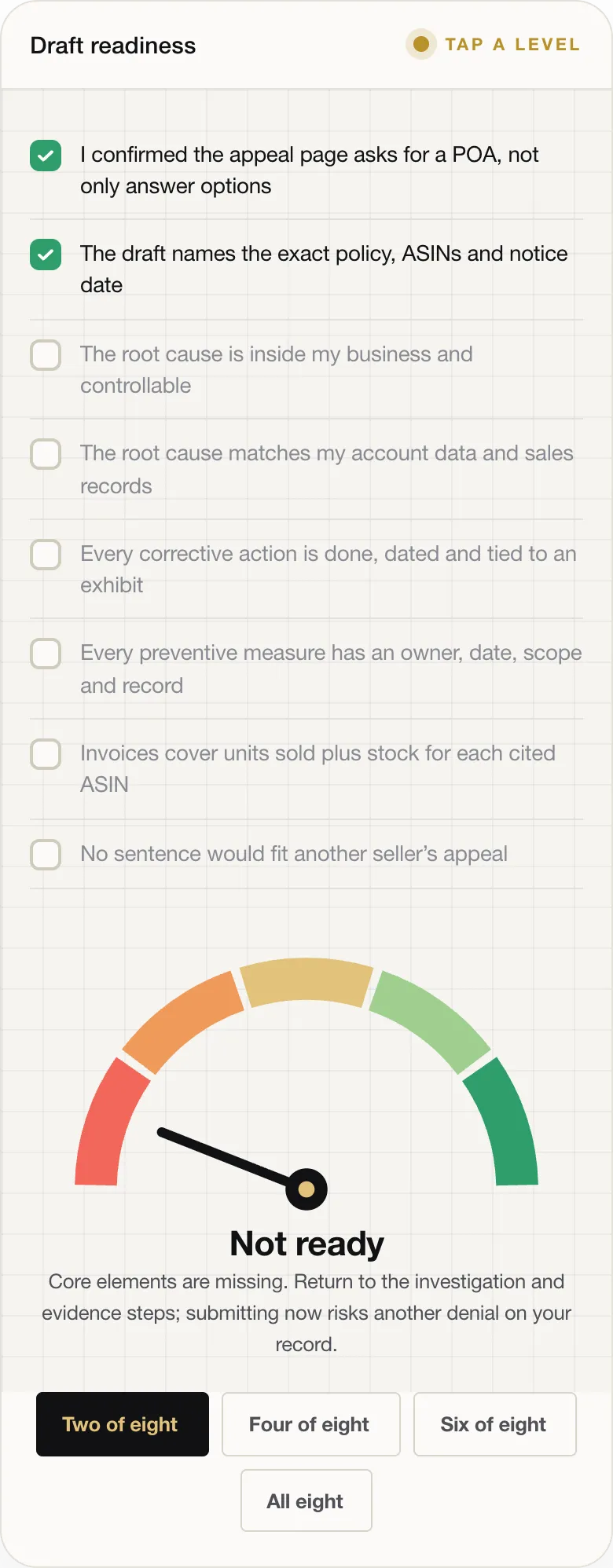 Not ready Core elements are missing. Return to the investigation and evidence steps; submitting now risks another denial on your record.