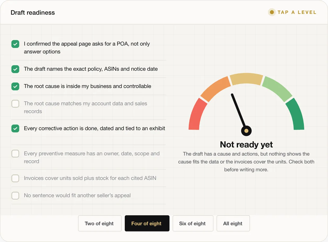 Not ready yet The draft has a cause and actions, but nothing shows the cause fits the data or the invoices cover the units. Check both before writing more.