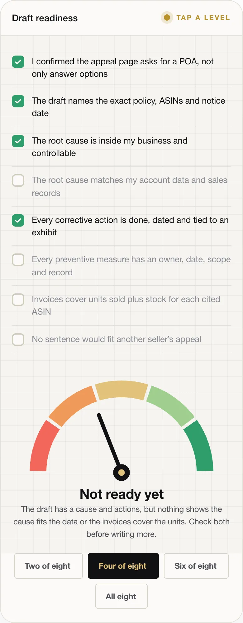 Not ready yet The draft has a cause and actions, but nothing shows the cause fits the data or the invoices cover the units. Check both before writing more.