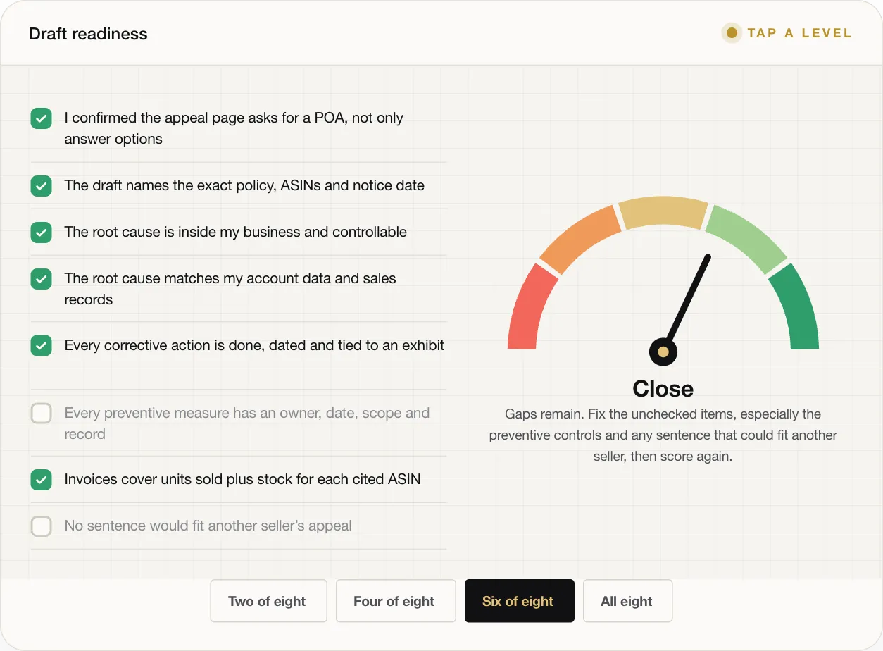 Close Gaps remain. Fix the unchecked items, especially the preventive controls and any sentence that could fit another seller, then score again.