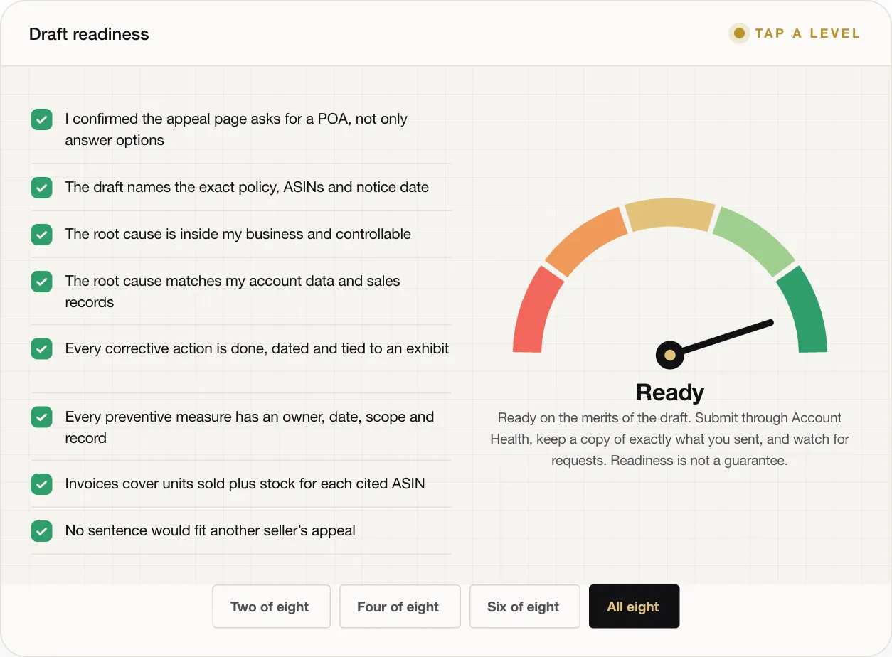 Ready Ready on the merits of the draft. Submit through Account Health, keep a copy of exactly what you sent, and watch for requests. Readiness is not a guarantee.