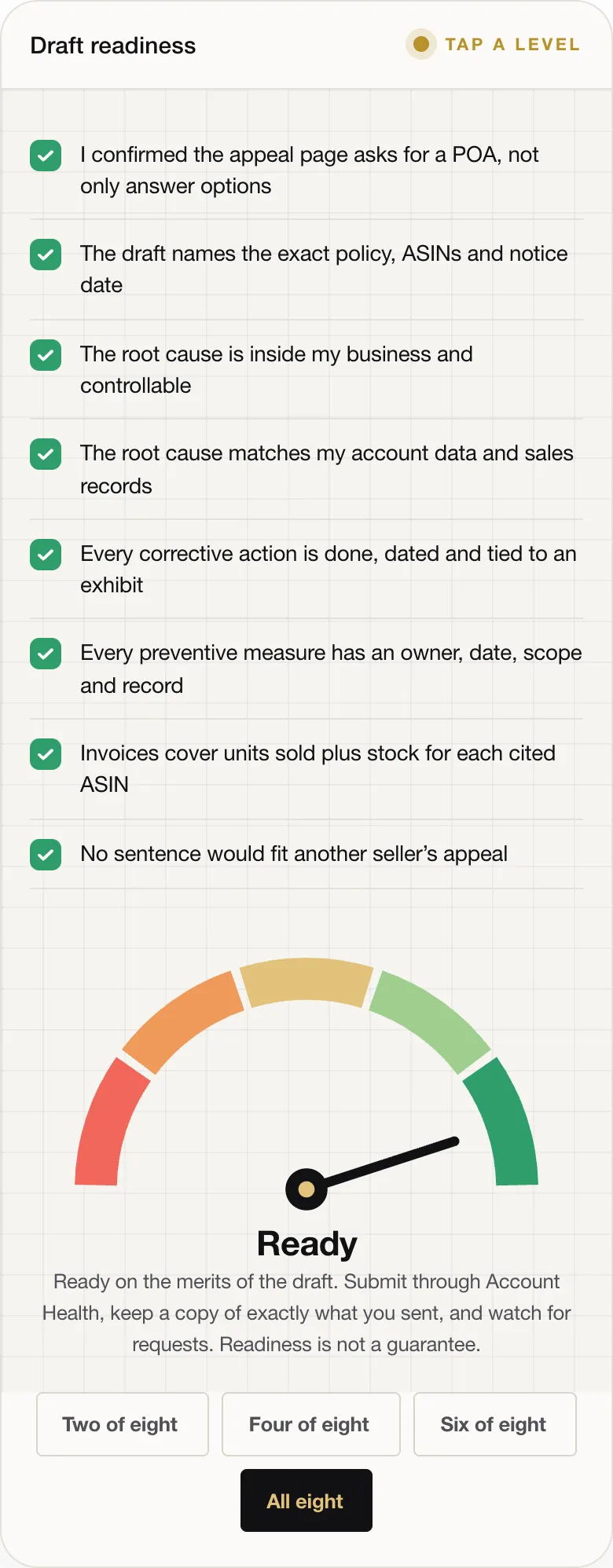 Ready Ready on the merits of the draft. Submit through Account Health, keep a copy of exactly what you sent, and watch for requests. Readiness is not a guarantee.