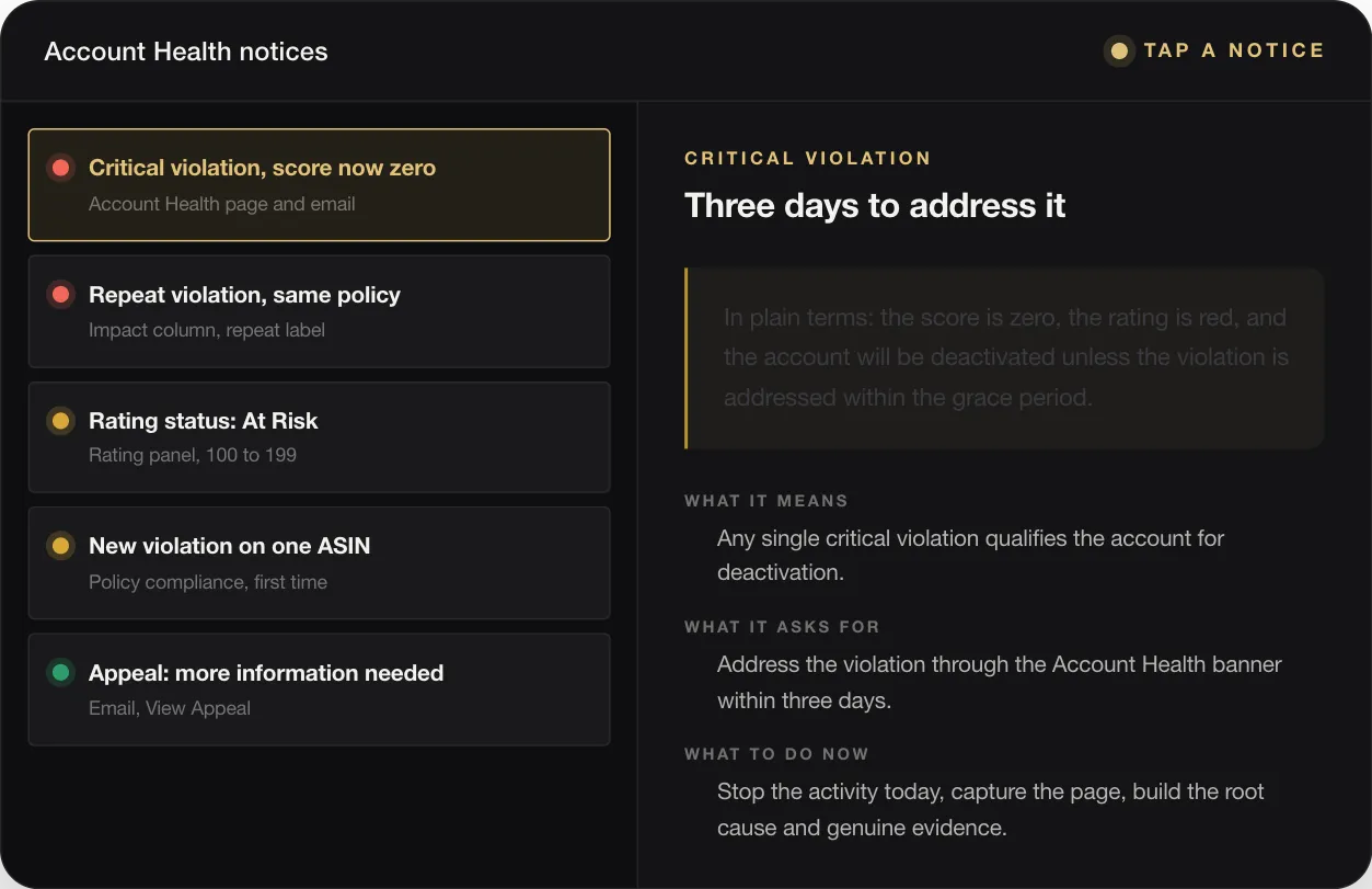 CRITICAL VIOLATION Three days to address it In plain terms: the score is zero, the rating is red, and the account will be deactivated unless the violation is addressed within the grace period. WHAT IT MEANS Any single critical violation qualifies the account for deactivation. WHAT IT ASKS FOR Address the violation through the Account Health banner within three days. WHAT TO DO NOW Stop the activity today, capture the