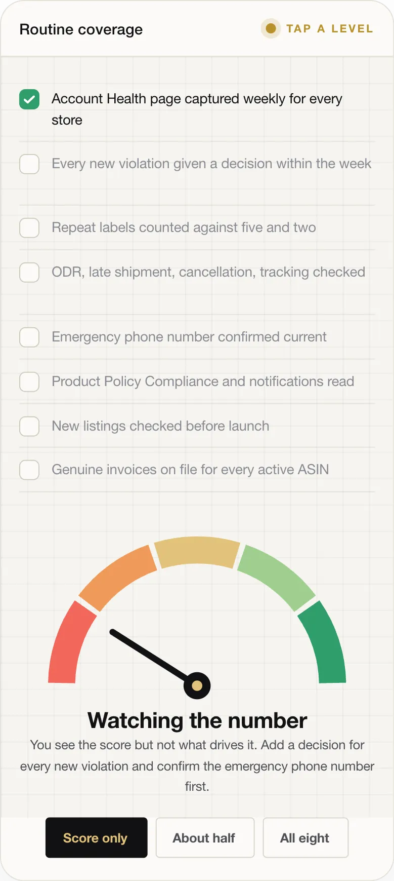 Watching the number You see the score but not what drives it. Add a decision for every new violation and confirm the emergency phone number first.