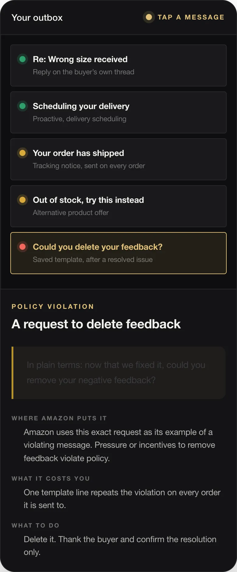 POLICY VIOLATION A request to delete feedback In plain terms: now that we fixed it, could you remove your negative feedback? WHERE AMAZON PUTS IT Amazon uses this exact request as its example of a violating message. Pressure or incentives to remove feedback violate policy. WHAT IT COSTS YOU One template line repeats the violation on every order it is sent to. WHAT TO DO Delete it. Thank the buyer and confirm the reso