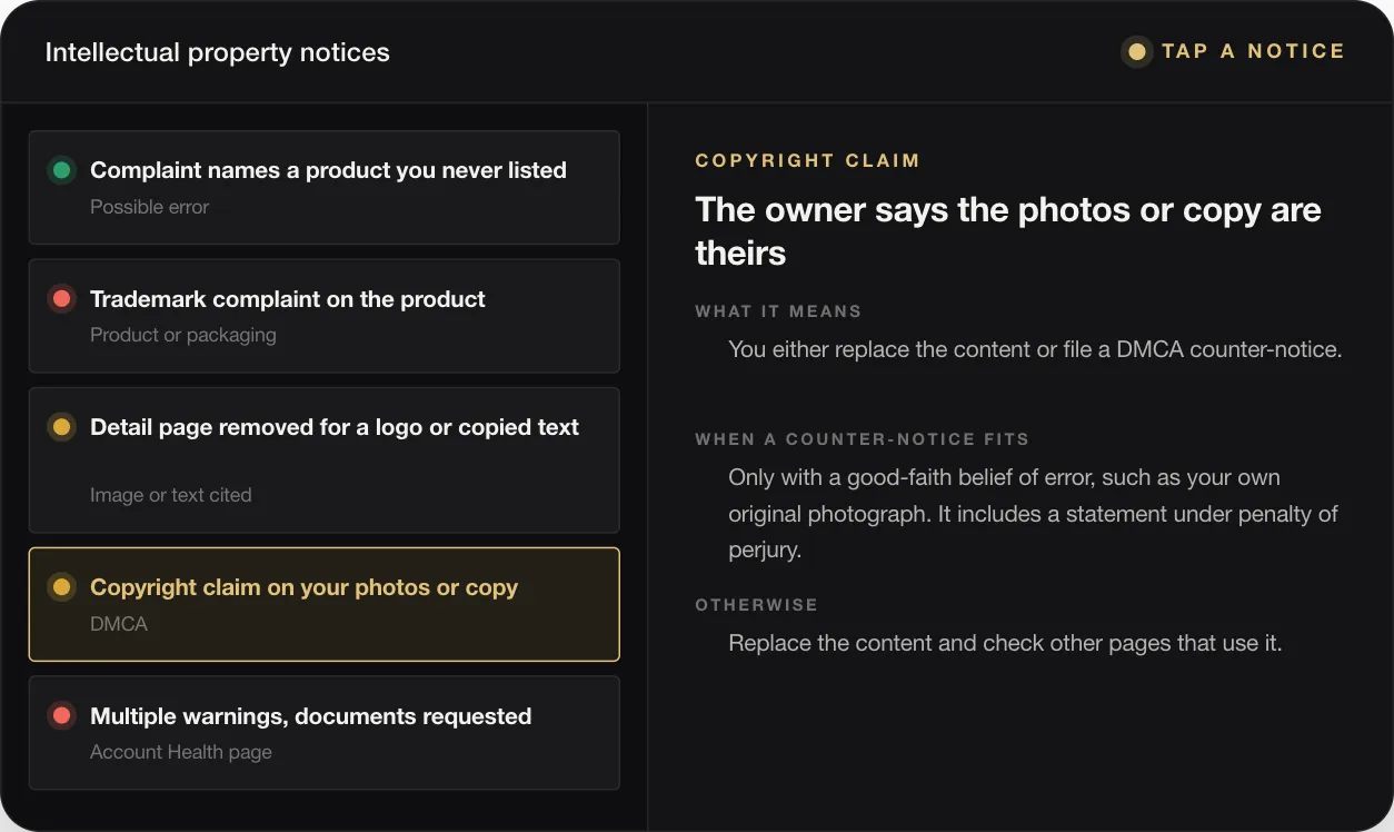 COPYRIGHT CLAIM The owner says the photos or copy are theirs WHAT IT MEANS You either replace the content or file a DMCA counter-notice. WHEN A COUNTER-NOTICE FITS Only with a good-faith belief of error, such as your own original photograph. It includes a statement under penalty of perjury. OTHERWISE Replace the content and check other pages that use it.