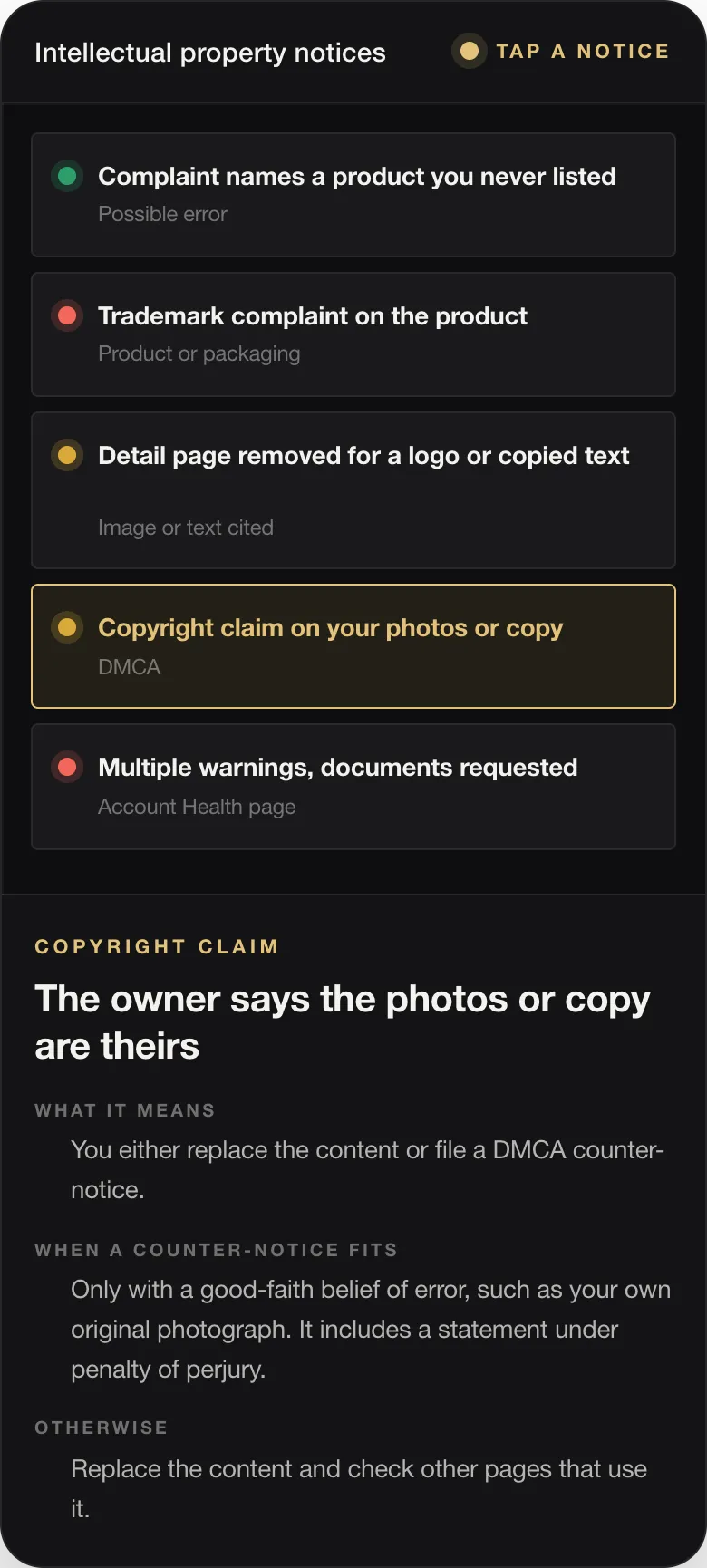 COPYRIGHT CLAIM The owner says the photos or copy are theirs WHAT IT MEANS You either replace the content or file a DMCA counter-notice. WHEN A COUNTER-NOTICE FITS Only with a good-faith belief of error, such as your own original photograph. It includes a statement under penalty of perjury. OTHERWISE Replace the content and check other pages that use it.