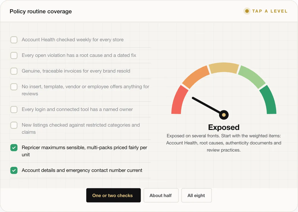 Exposed Exposed on several fronts. Start with the weighted items: Account Health, root causes, authenticity documents and review practices.