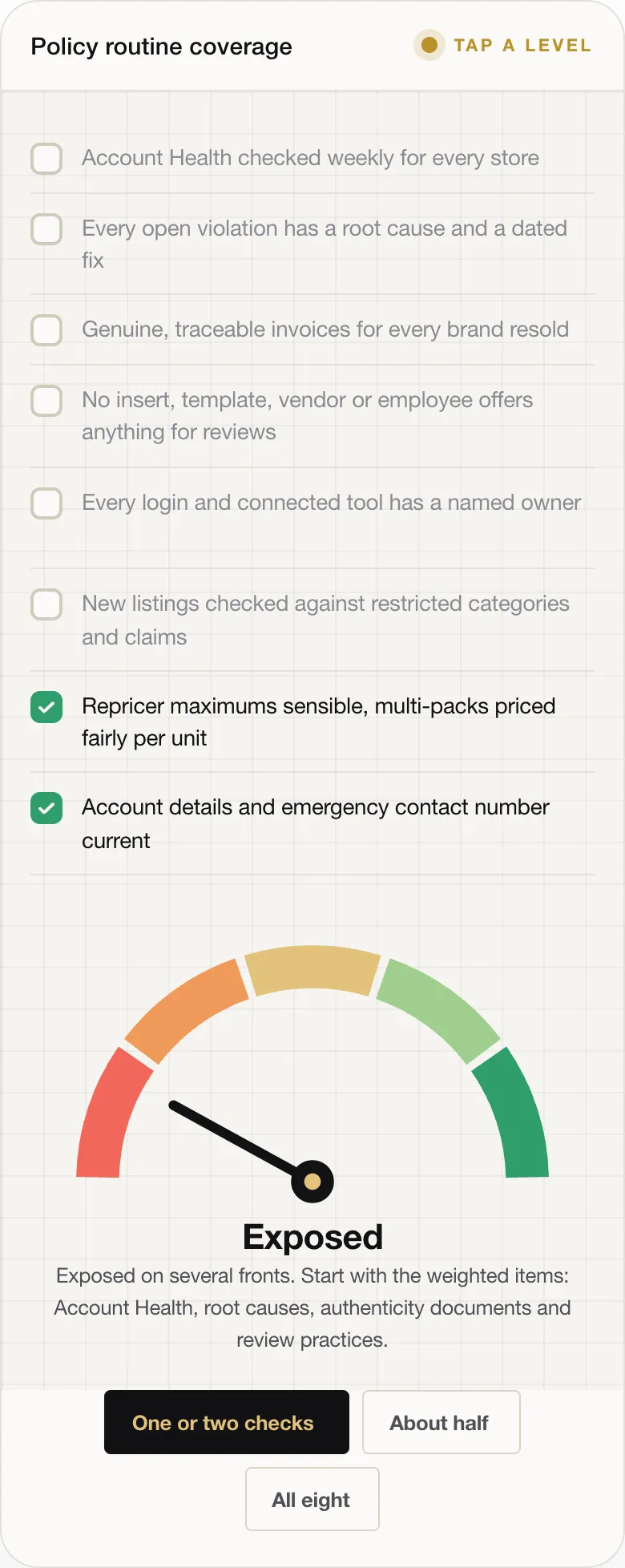 Exposed Exposed on several fronts. Start with the weighted items: Account Health, root causes, authenticity documents and review practices.