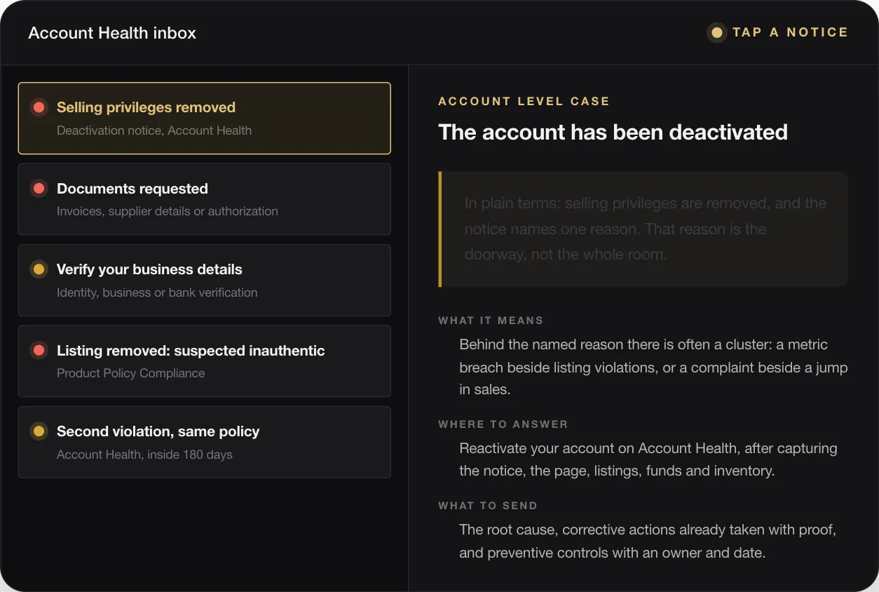 Amazon Suspension: How to Nip It in the Bud by Reading Your Account Health Signals Early 17 ACCOUNT LEVEL CASE The account has been deactivated In plain terms: selling privileges are removed, and the notice names one reason. That reason is the doorway, not the whole room. WHAT IT MEANS Behind the named reason there is often a cluster: a metric breach beside listing violations, or a complaint beside a jump in sales. WHERE TO ANSWER Reactivate your account on Account Health, after capturing the notice, the pa