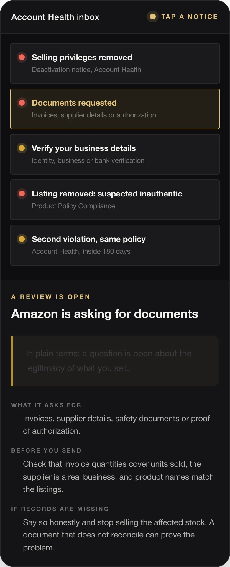 Amazon Suspension: How to Nip It in the Bud by Reading Your Account Health Signals Early 23 A REVIEW IS OPEN Amazon is asking for documents In plain terms: a question is open about the legitimacy of what you sell. WHAT IT ASKS FOR Invoices, supplier details, safety documents or proof of authorization. BEFORE YOU SEND Check that invoice quantities cover units sold, the supplier is a real business, and product names match the listings. IF RECORDS ARE MISSING Say so honestly and stop selling the affected stock