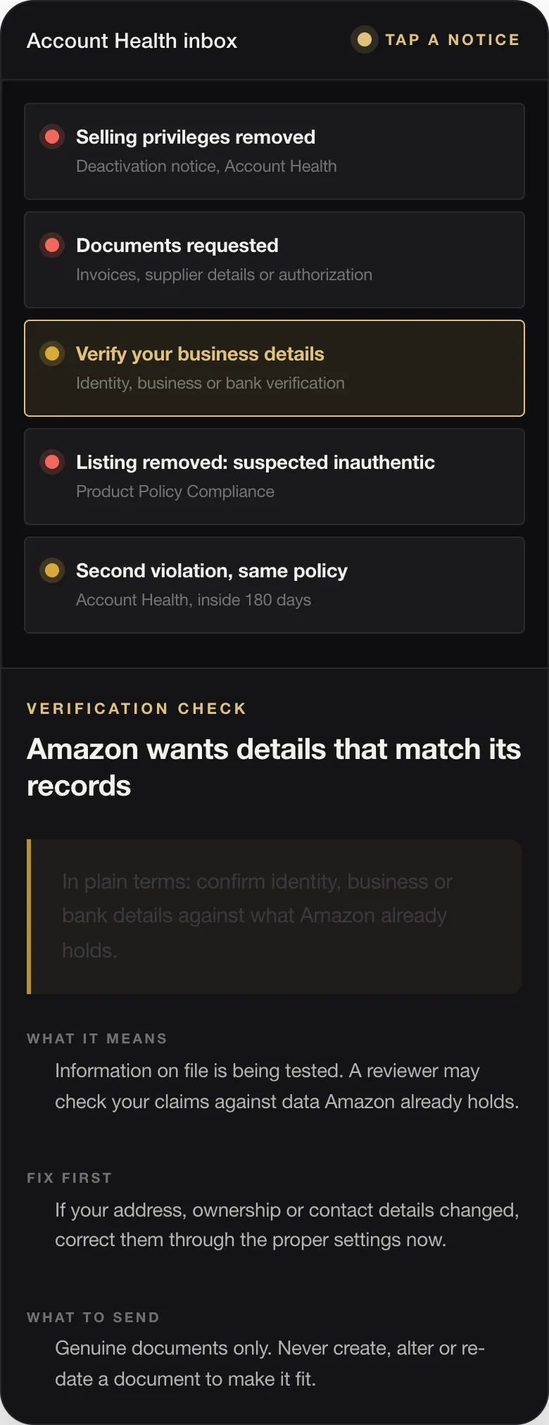 Amazon Suspension: How to Nip It in the Bud by Reading Your Account Health Signals Early 27 VERIFICATION CHECK Amazon wants details that match its records In plain terms: confirm identity, business or bank details against what Amazon already holds. WHAT IT MEANS Information on file is being tested. A reviewer may check your claims against data Amazon already holds. FIX FIRST If your address, ownership or contact details changed, correct them through the proper settings now. WHAT TO SEND Genuine documents on
